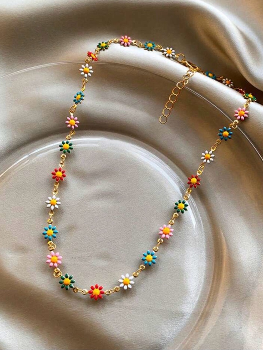 Colorful Daisy Flower Gold-Tone Chain Necklace - Picture 4 of 5